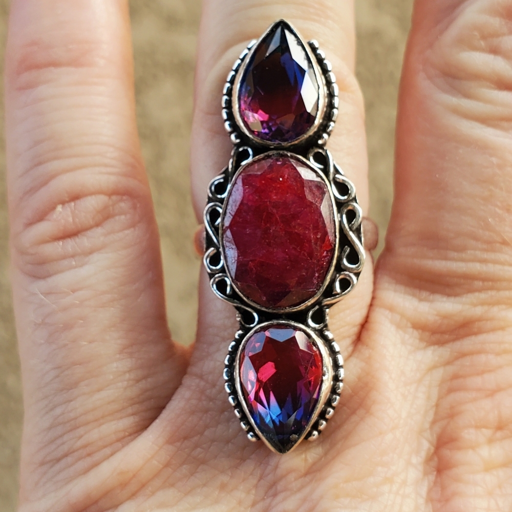 New Ruby and Bi-Color Tourmaline 925 Silver Ring.